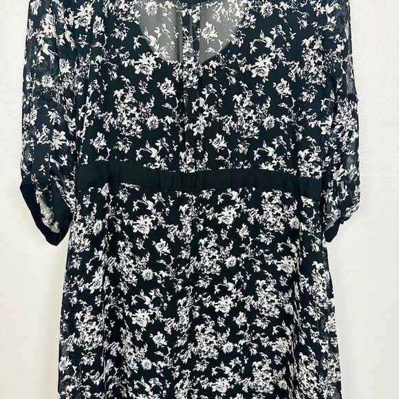 Bongo Black 3/4 Sleeve Mini A-line Dress Size M Floral Adjustable Waist Lined - Picture 6 of 11